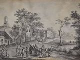 dessin représentant une scène de village avec une calèche et des passants sur la route