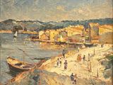 tableau représentant une scène de plage avec des bateaux et des personnes sur le rivage