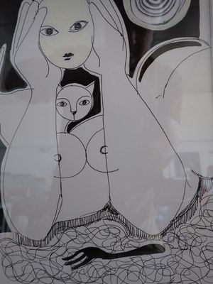 un dessin représentant une femme tenant un chat dans ses bras