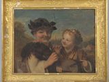 tableau représentant une femme et un enfant accompagnés d'un chien dans un paysage