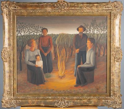 painting of a group of people sitting around a fire in a field