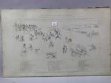 a drawing of a group of people riding horses in a field