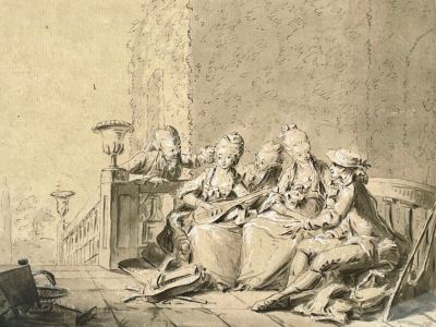 a drawing of a group of people sitting around a table