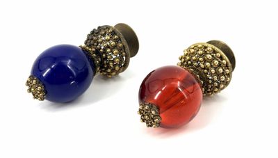 pair of red, blue and gold acrylous glass beaded earrings