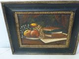 tableau représentant une nature morte composée de fruits et d'un livre posés sur une table