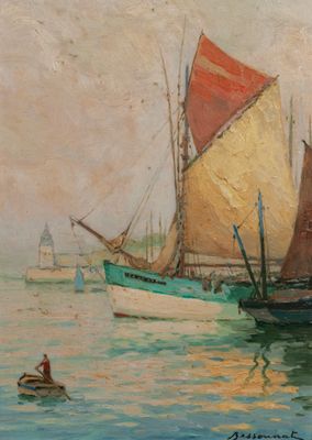 une peinture représentant un voilier sur l'eau, avec d'autres bateaux en arrière-plan