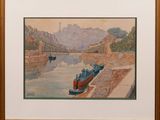 painting of a river scene with boats on the water and a castle in the background