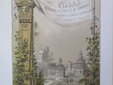 an old picture of a clock tower with a banner hanging from it ' s side
