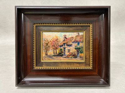 a painting of a village scene in a wooden frame