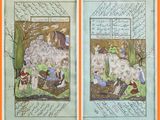 two pages of a book with a picture of a man and a woman in a garden