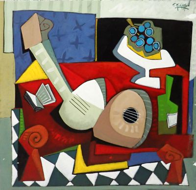 une image représentant une peinture sur laquelle figurent une guitare et une bouteille de vin