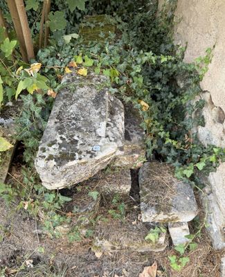un banc en pierre situé au milieu d'un jardin