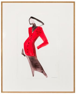 a painting of a woman in a red dress and hat