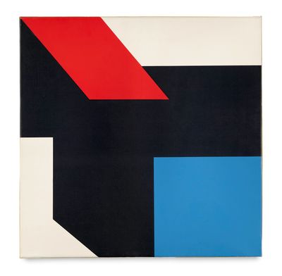 une peinture abstraite composée de carrés noirs, bleus, rouges et blancs