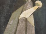 tableau représentant une femme vêtue d'une robe blanche tenant un couteau