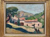 an image of a painting of a farm scene in a gold frame
