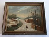 une peinture à l'huile représentant une scène hivernale avec une personne marchant sur une route enneigée