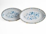 two plates with blue flowers on them on a white surface