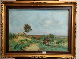une peinture à l'huile représentant un cheval paissant dans un champ près d'un arbre