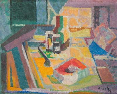 reproduction d'un tableau représentant une table avec une bouteille de vin et une assiette de nourriture
