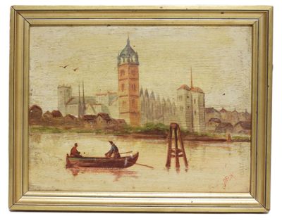 École du XXe siècle. Ville en bord de rive et deux hommes en… - Photo 1