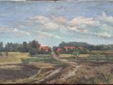 an oil painting of a landscape with a dirt road in the foreground and houses in the distance