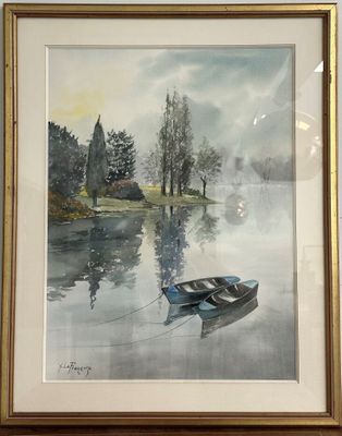 une image d'un tableau représentant un bateau sur l'eau