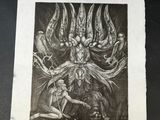 a black and white drawing of a demon on a table