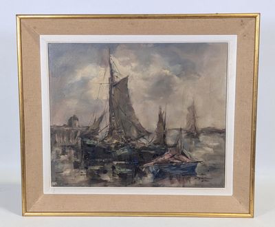 une image représentant un tableau d'un voilier dans un port