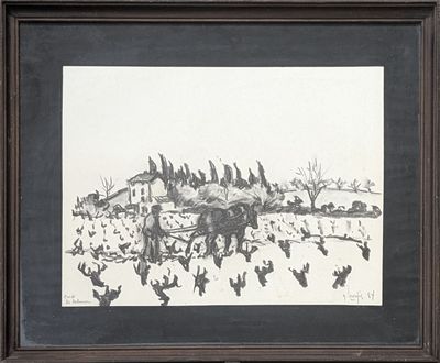 dessin encadré représentant une scène de vie à la ferme avec une charrue et une volée d'oiseaux