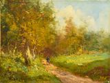 une peinture à l'huile représentant une personne marchant sur un sentier dans les bois