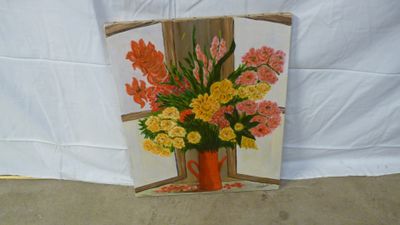 a picture of a painting of flowers in a vase on a table