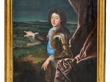 an old painting of a boy in armor with a bird in the background