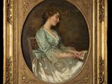 portrait of a lady in a blue dress reading a book