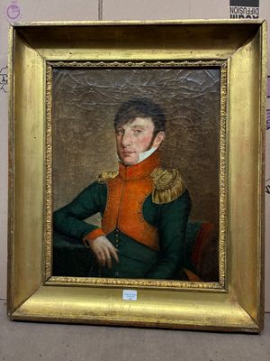 tableau représentant un homme vêtu d'un gilet orange et d'une veste verte