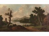 an image of a painting of a landscape with a man and a woman on a horse