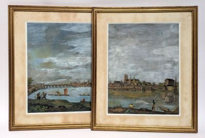 two paintings of a view of a city and a river
