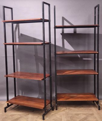 pair of industrial steel and wood shelvings