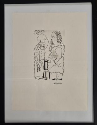 dessin représentant deux personnes dans une pièce, avec une horloge et un oiseau