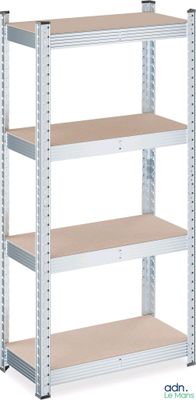 a metal shelving with four shelves on each side