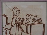 a drawing of a man sitting at a desk reading a book