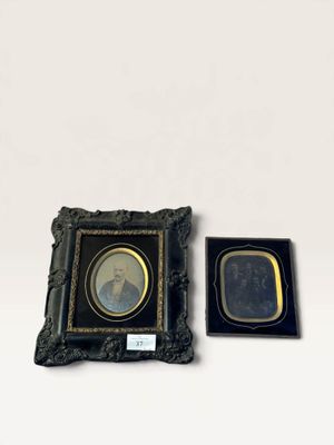 two framed pictures of a man and a woman sitting next to each other