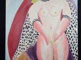 un tableau représentant une femme nue vêtue d'une cape à imprimé léopard