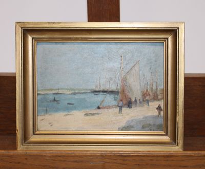 une image représentant un tableau représentant une scène de plage avec des voiliers sur l'eau