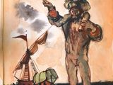un tableau représentant un homme qui montre du doigt un bateau