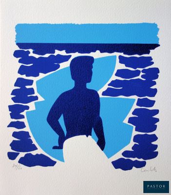 tableau représentant un homme tenant une planche de surf devant un mur en pierre