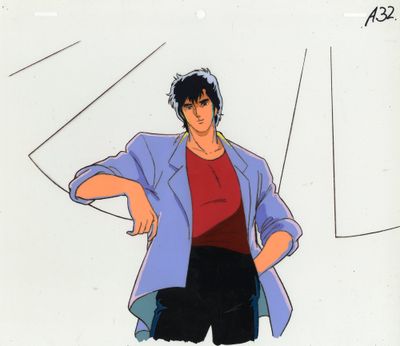 un dessin d'animation représentant un homme vêtu d'une veste violette et d'un pantalon noir