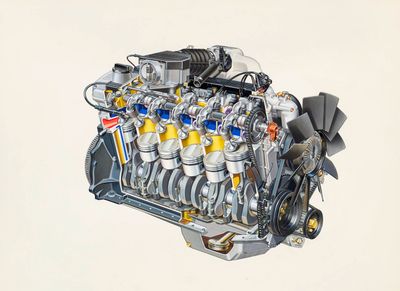 une image représentant un dessin d'un moteur V8 sur fond blanc