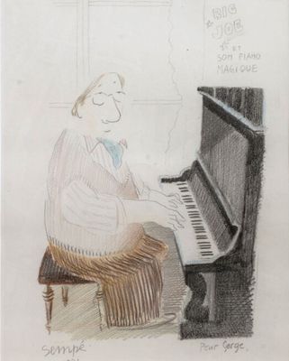 dessin représentant un homme assis au piano et en train de jouer du piano