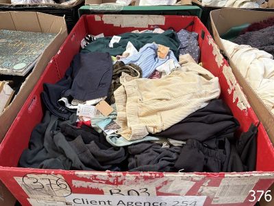 une boîte remplie de vêtements posée par terre